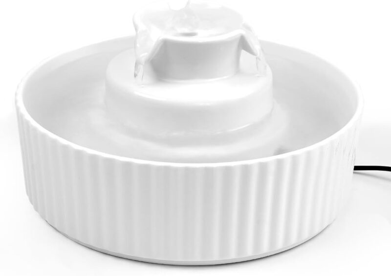 Ceramic Cat Water Fountain, 2.1L/71oz Ceramic Water Fountain for Cats and Dogs, Ultra-Quiet Pump Pet Fountain with Replacement Filter and Foam (White)