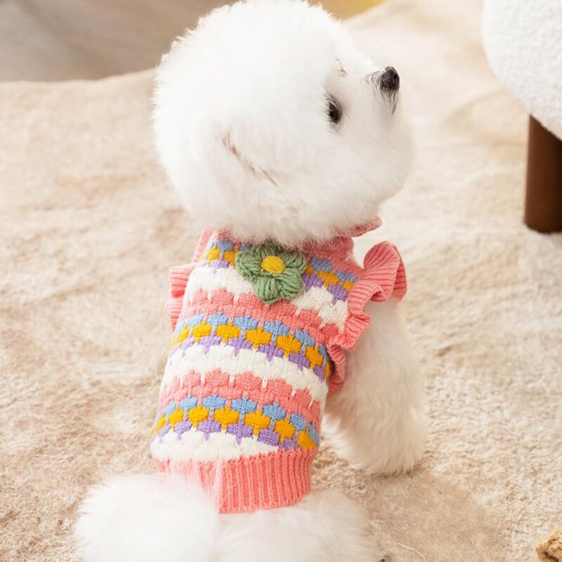Small Dog Sweater, Knitted Tulip Cat Sweater, Warm Thick Holiday Puppy Clothes for Small Dog Girl,Cold Weather Outfit for Kitten Chihuahua Yorkie Teacup Dachshund Pug (Pink, X-Small) - Image 2