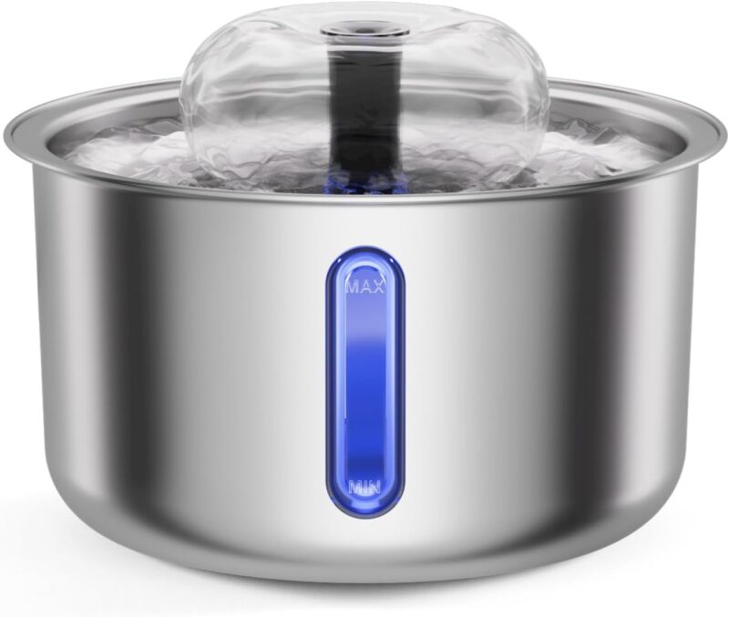 Stainless Steel Cat Water Fountain, 84oz/2.5L Automatic Pet Fountain Dog Water Dispenser with Replacement Filters & Silicone Mat for Cats, Dogs, Multiple Pets