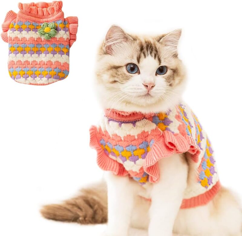 Small Dog Sweater, Knitted Tulip Cat Sweater, Warm Thick Holiday Puppy Clothes for Small Dog Girl,Cold Weather Outfit for Kitten Chihuahua Yorkie Teacup Dachshund Pug (Pink, X-Small)