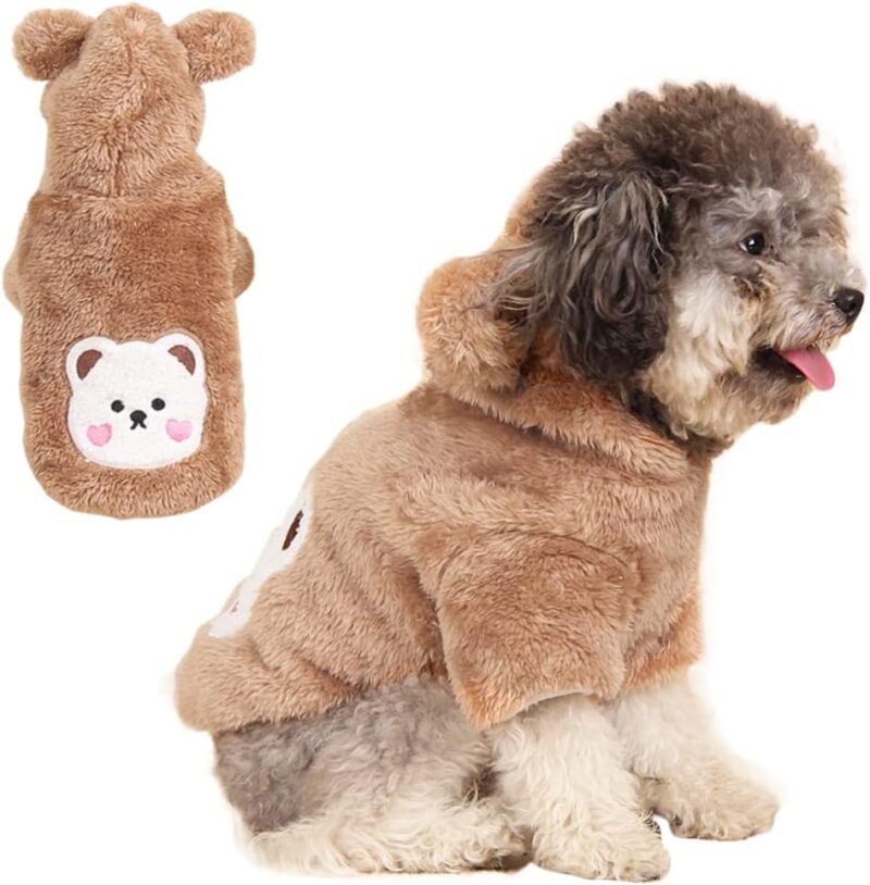 Small Dog Winter Coat for Puppy Warm Fleece Hoodies Cute Bear Design Pet PJS Jumpsuit Soft Cold Weather Clothes for Cats Chihuahua Yorkie Poodle Teddy (X-Small, Brown)