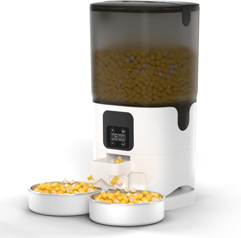 7L Automatic Cat Feeder for 2 Cats, 2- Splitter Timed Cat Dry Food Dispenser with 2 Bowls, Programmable Control 1-12 Meals, Dual Power Supply, Auto Pet Feeder for Multi-Pet