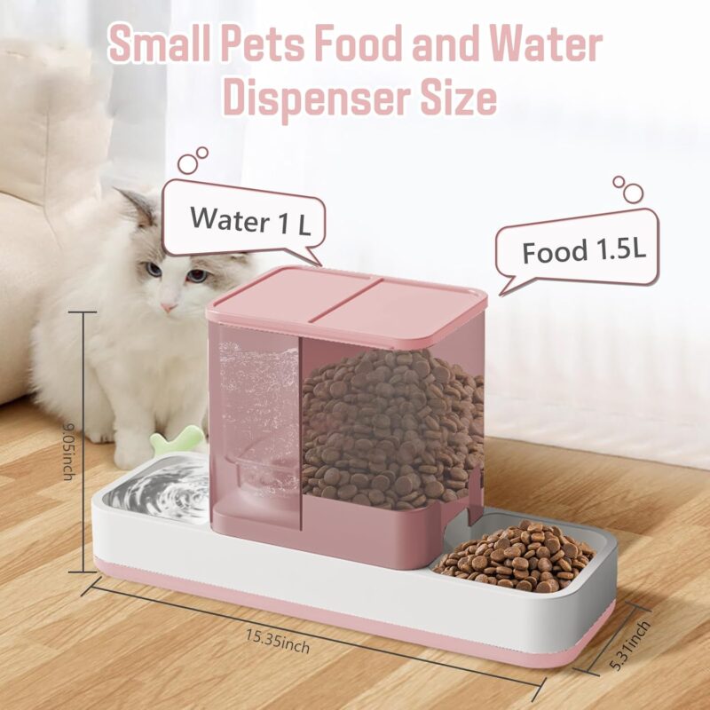 Automatic 2 in 1 Gravity Cat & Dog Feeder and Waterer Set - Feeder Dish for Puppy, Kitten & Small Pets (Pink) - Image 2