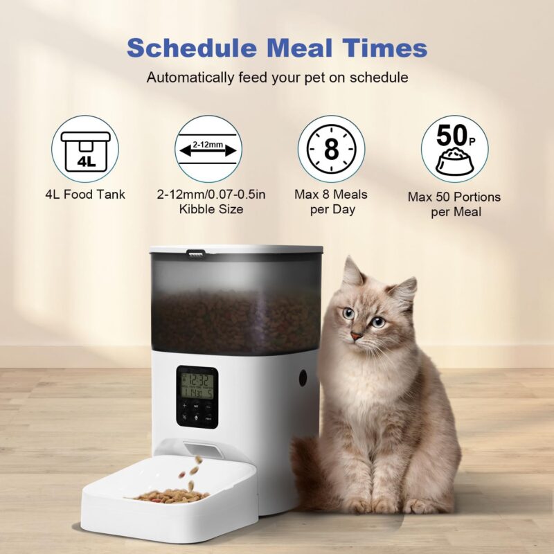 Automatic Cat Feeder, 4L Dry Food Dispenser with Voice Recorder, Up to 8 Meals per Day, Timed Feeder with Sea Ring (White) - Image 2