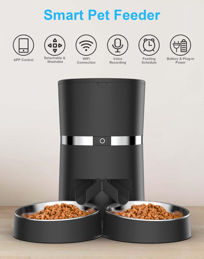 Smart Cat Feeder,  Automatic Cat Feeder  Enable Pet Dog Food Dispenser  Control for Cat&Dog with Two- Splitter and Two Bowls, Voice Recorder Distribution Alarms, Portion Control - Image 2