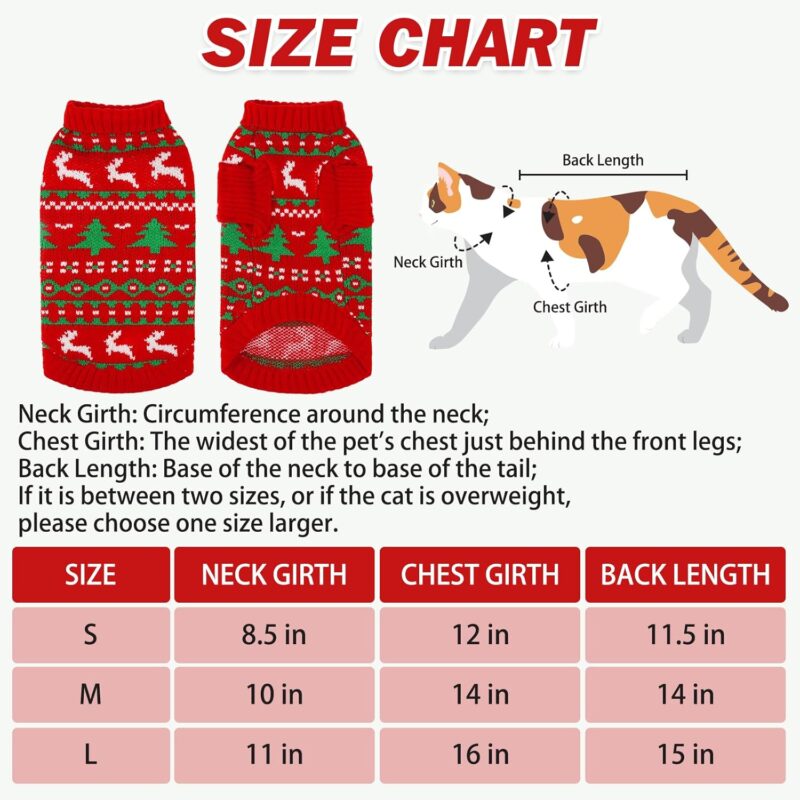 Cat Sweater Turtleneck- Soft Knit Cat Christmas Sweaters for Cats Only, Elk Christmas Tree Pattern Thick Warm Cold Weather Pet Clothes Outfit for Small Medium Large Size Kitten Puppy Red S - Image 2