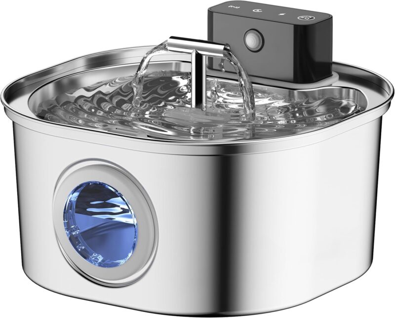 Stainless Steel Cat Water Fountain: 108oz/3.2L 3-Modes Pet Drinking Fountain Wireless Indoor Cordless Kitty Super-Silent Sensoring Fountain with Dual Water Outlet