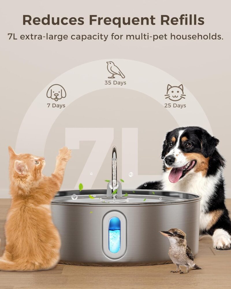 Dog Water Fountain for Large Dogs 7L/236oz Stainless Steel Dog Water Bowl Dispenser Automatic Pet Water Fountain with Deeper Drinking Area, Multi-Filtration Pet Fountain with Ultra-Quiet Pump - Image 2