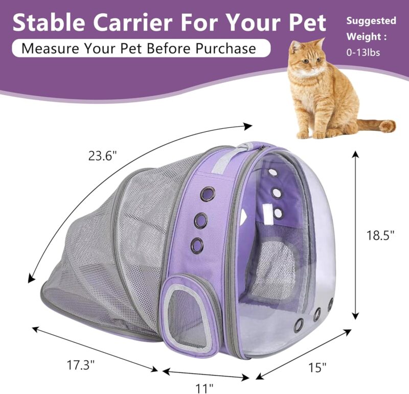 Cat Backpack Carrier Bubble Expandable Foldable Breathable Pet Carrier Dog Carrier Backpack for Large Big Cats Hiking, Travelling, Camping (Back Expandable-Purple) - Image 2