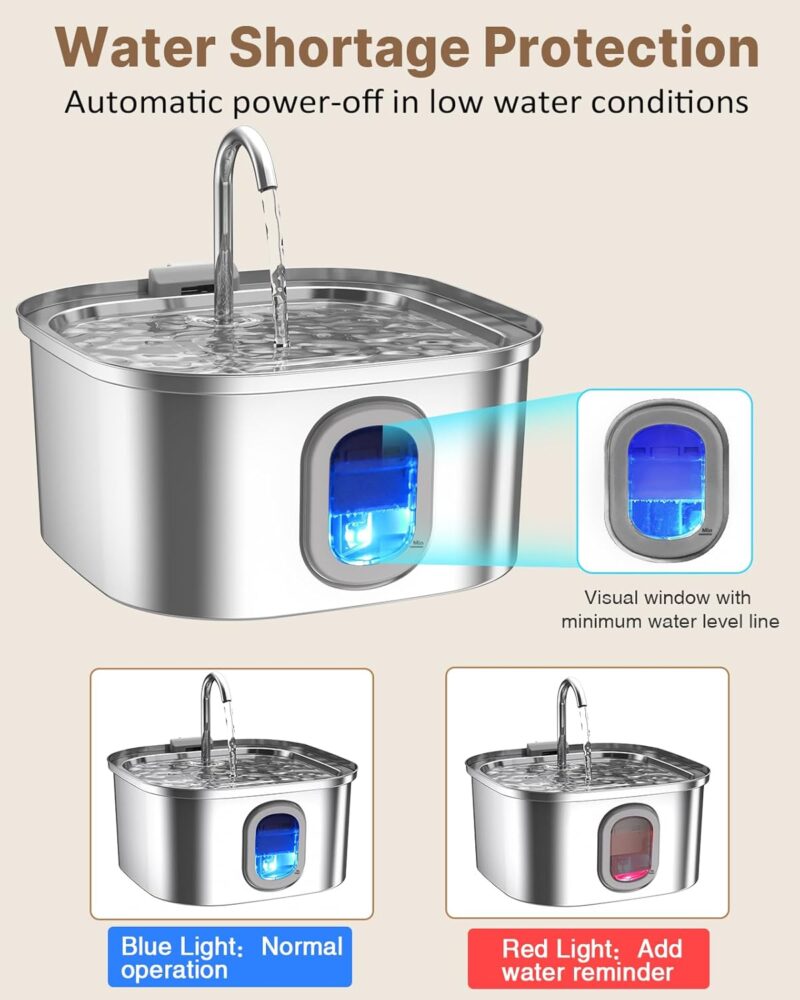 Cat Water Fountain, 108oz/3.2L Quiet Pet Water Fountain Indoor, Cat Water Fountain Stainless Steel, Water Level Window & Low Water Mark, Cat Fountain for Drinking - Water Shortage Protection - Image 2