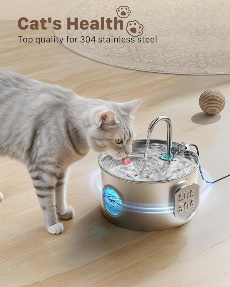 Cat Water Fountain Stainless Steel: 74oz/2.2L Cat Fountain for Drinking - Pet Water Fountain for Cats Inside - Quiet Cat Water Bowl Dispenser - Cat Drinking Fountains - for Cats&Pets& Small Animals - Image 2