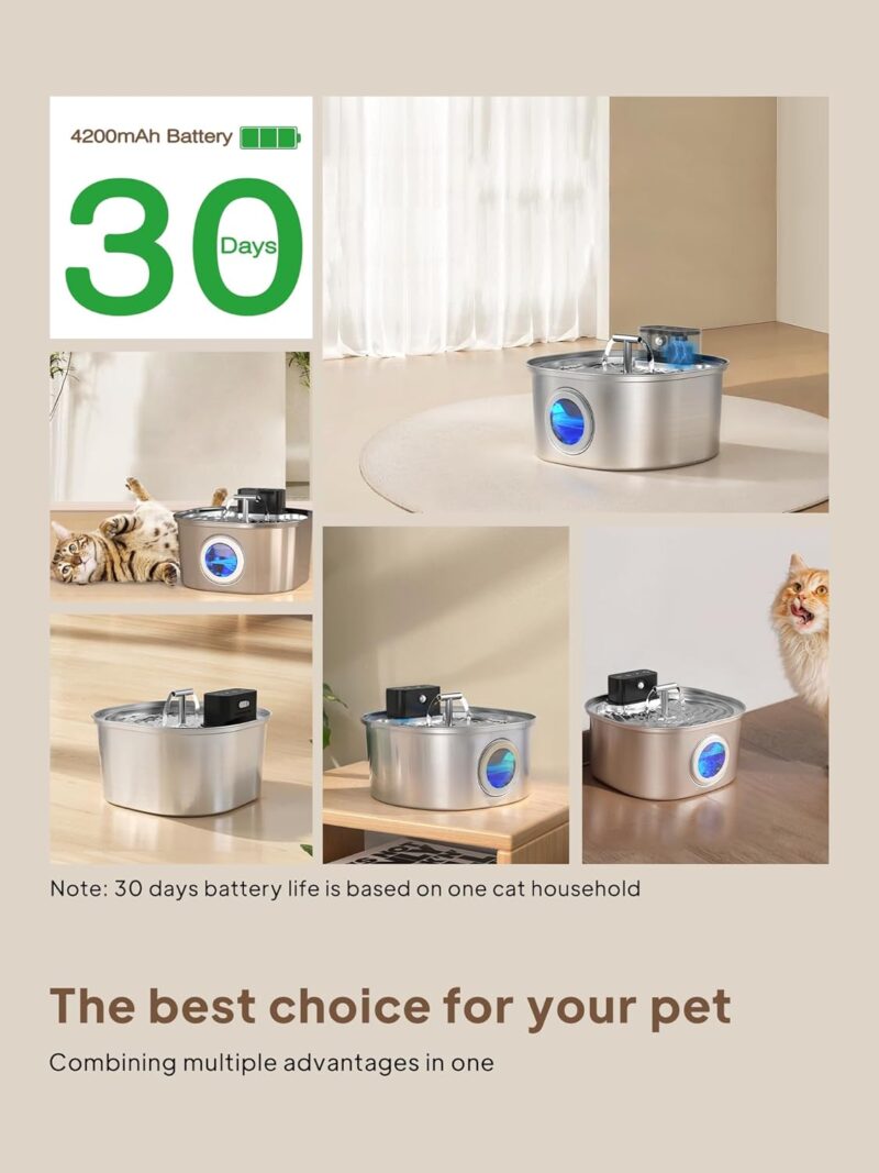 Stainless Steel Cat Water Fountain: 108oz/3.2L 3-Modes Pet Drinking Fountain Wireless Indoor Cordless Kitty Super-Silent Sensoring Fountain with Dual Water Outlet - Image 2