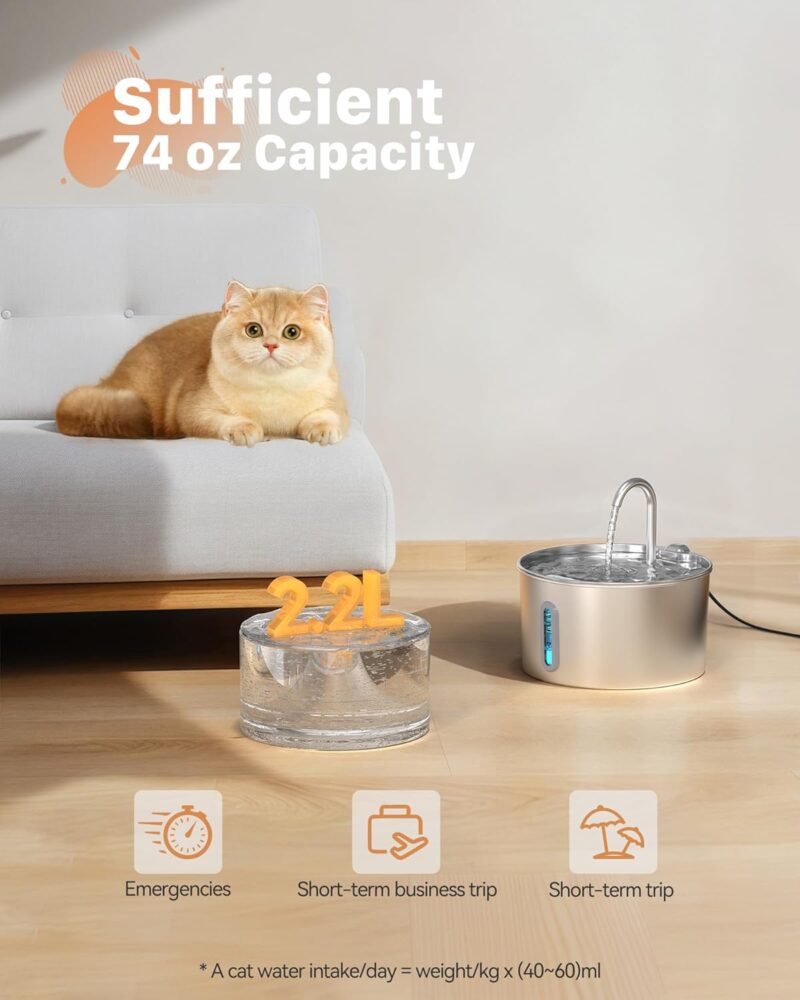 Cat Water Fountain Stainless Steel: Cat Fountain for Drinking - Automatic Pet Water Fountain for Cats Inside - 74oz/2.2L Dog Water Dispenser Cat Drinking Supplies Metal Kitty Spout Animal Waterer Bowl - Image 2