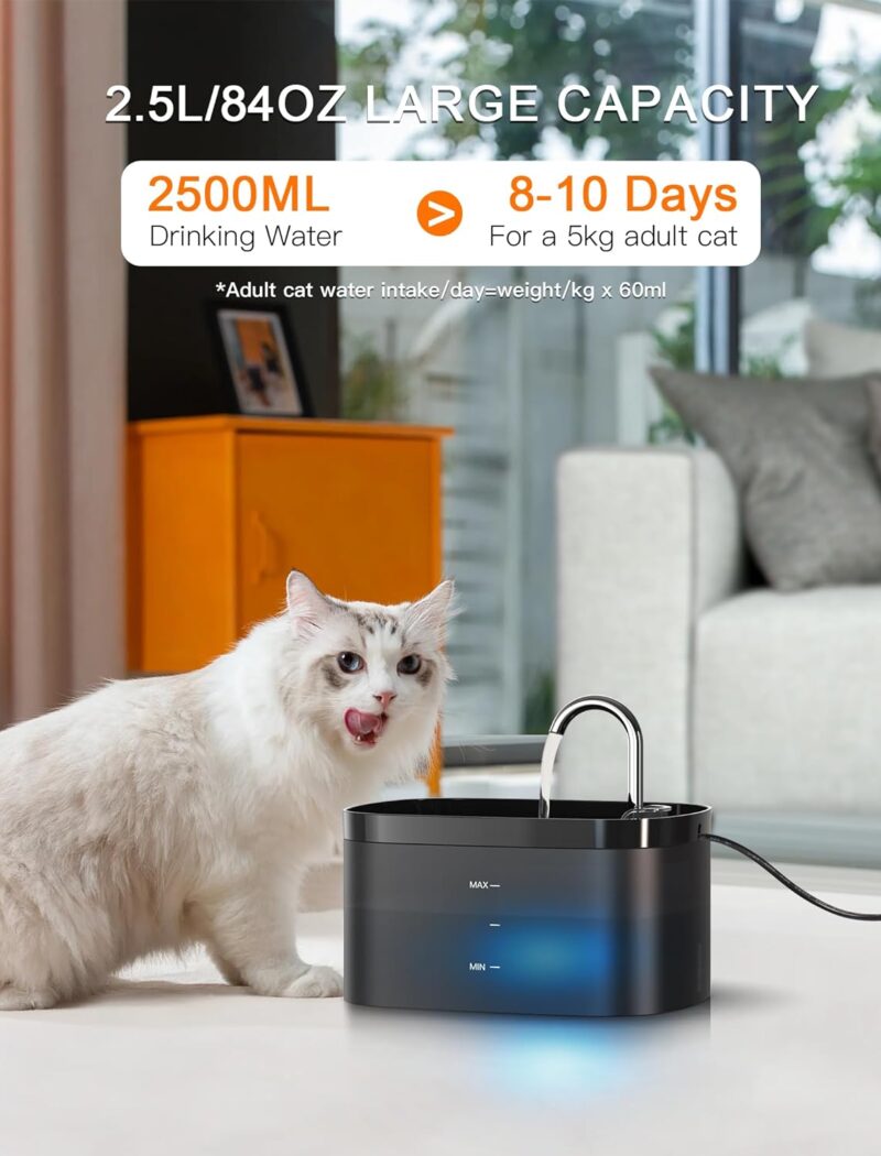 Cat Water Fountain, 84OZ/2.5L Cat Fountain, Super Silent Pet Water Fountain, Activated Carbon Filter, Translucent Pet Water Dispenser Suitable for Multiple Pets Family (Black) - Image 2