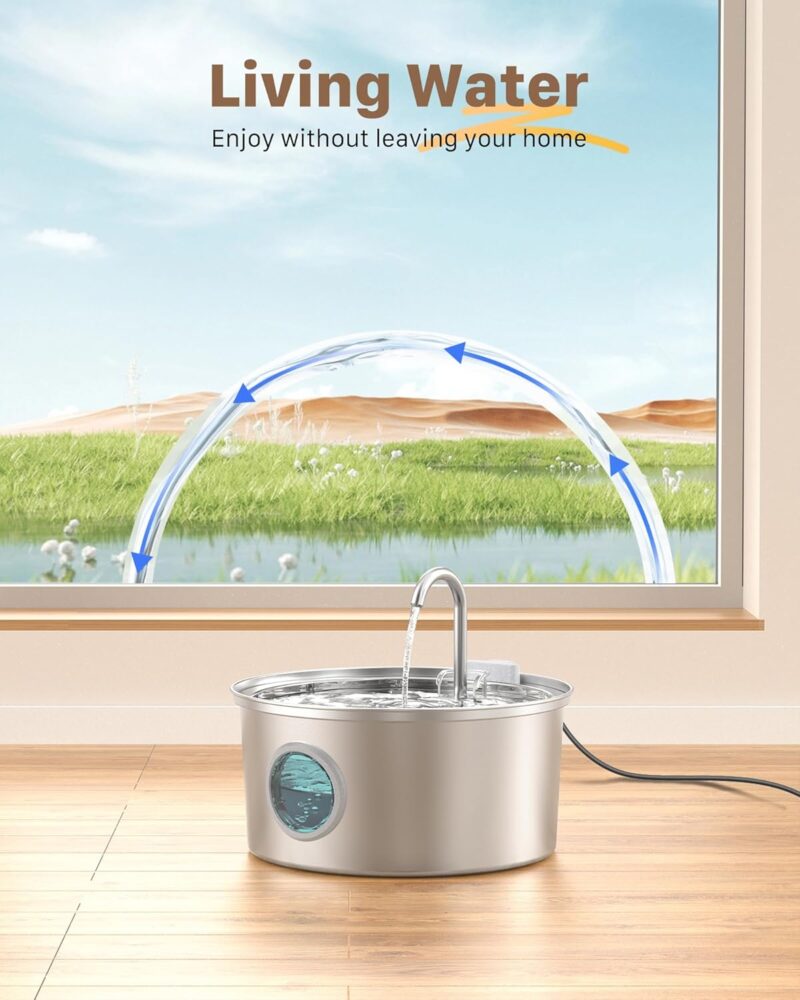 Cat Water Fountain Stainless Steel - Dog Automatic Waterer Bowl - Auto Pet Dispenser - Small Pets Drinking Waterer Indoor - Auto Dish Animal Fountains - 108oz/3.2L Metal Self Kitty Watering Supplies - Image 2