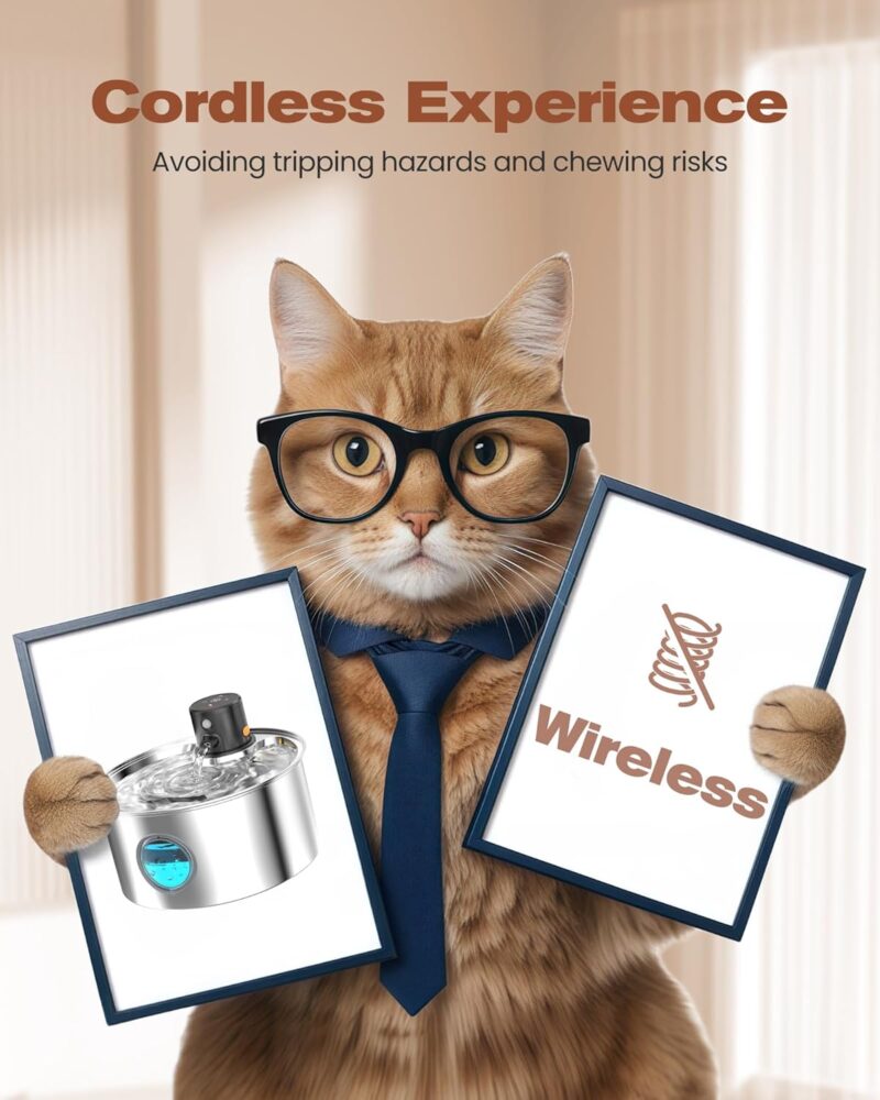 Cat Water Fountain Wireless Cordless: Cat Fountain Battery Operated - Stainless Steel Pet Water Fountain Rechargeable - 108oz/3.2L Automatic Cat Fountains for Drinking with Motion Sensor - Cats & Dogs - Image 2