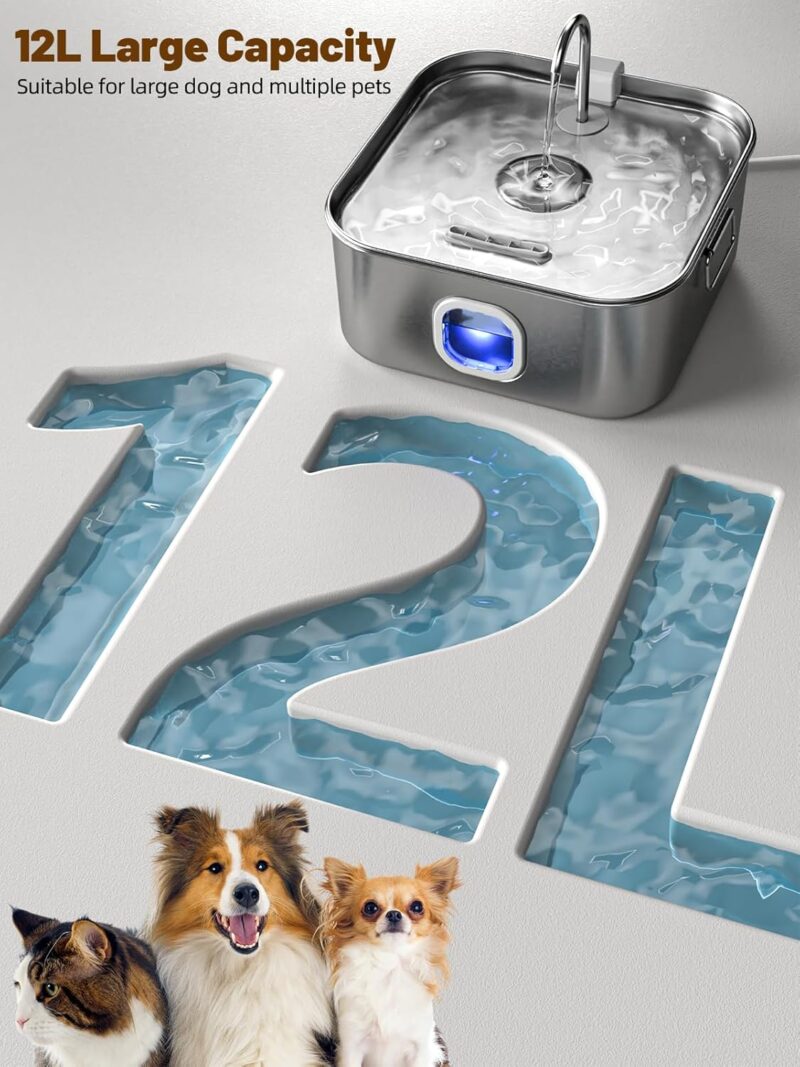 Dog Water Fountain Stainless Steel, 410oz/3.2Gal/12L Large Pet Water Fountain for Large Dog, Dog Water Bowl Dispenser with Water Level Window & LED Indicator, Super Quiet for S-L Dogs and Multi-Pet - Image 2