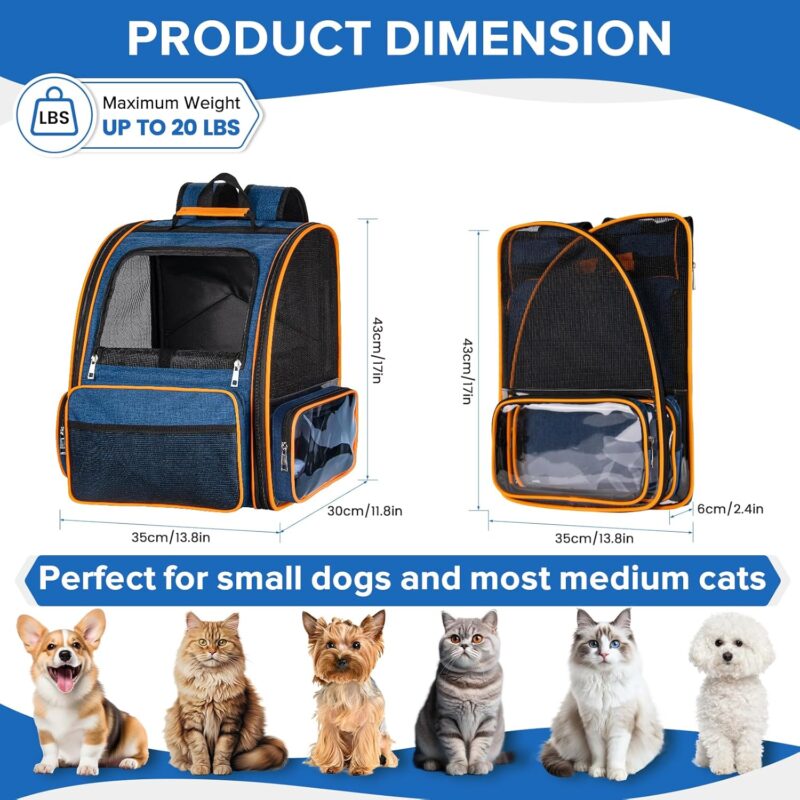 Cat Backpack Carrier for Medium Small Dog Cat up to 20lbs, Pet Carrier Backpack, Ventilated Mesh Soft Sided Dog Backpack Carrier for Travel, Hiking, Outdoor Use - Blue - Image 2
