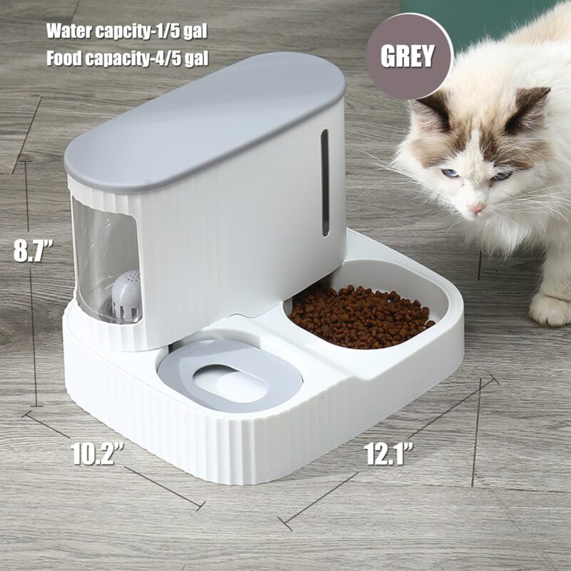 Automatic Cat Feeder,Gravity Auto Timed Pet Dry Food Self Feeding Container Dishes Bowl and Water Dispenser Fountain for Dog Puppy Kitten Kit Set Integrated 2 in 1 Continuous Tray(Grey) - Image 2