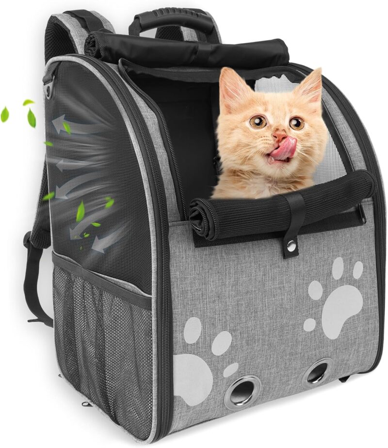 Cat Backpack Carrier for Small Dogs and Cats, Collapsible Breathable Dog Backpack Carrier with Safety Leash and Reflective Accents, Puppy Backpack for Pets Up to 15 LB, Ideal for Travel, Hiking, Grey