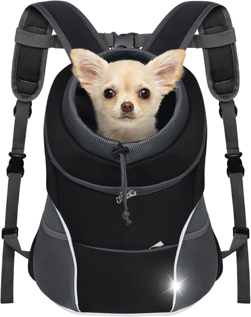 Dog Front Carrier Backpack, Adjustable Breathable Pet Carrier for Small Dogs, Ventilated Puppy Back Pack with Safety Belt, Lightweight Doggy Backpack for Hiking Outdoor (Black, M: 4.5-9 lbs)