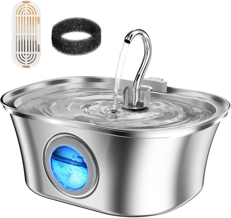 Cat Water Fountain with Water Level Window,  108oz/3.2L Stainless Steel Automatic Pet Water Fountain, Dishwasher Safe Dog Water Dispenser with Ultra-Quiet Pump, Multi-Filtration System