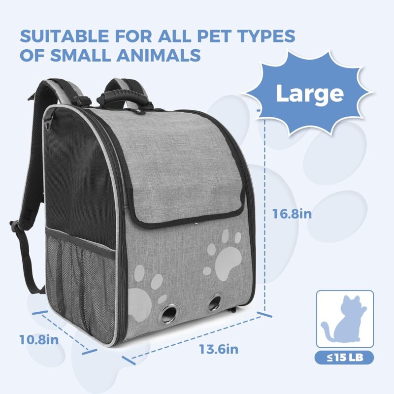 Cat Backpack Carrier for Small Dogs and Cats, Collapsible Breathable Dog Backpack Carrier with Safety Leash and Reflective Accents, Puppy Backpack for Pets Up to 15 LB, Ideal for Travel, Hiking, Grey - Image 2