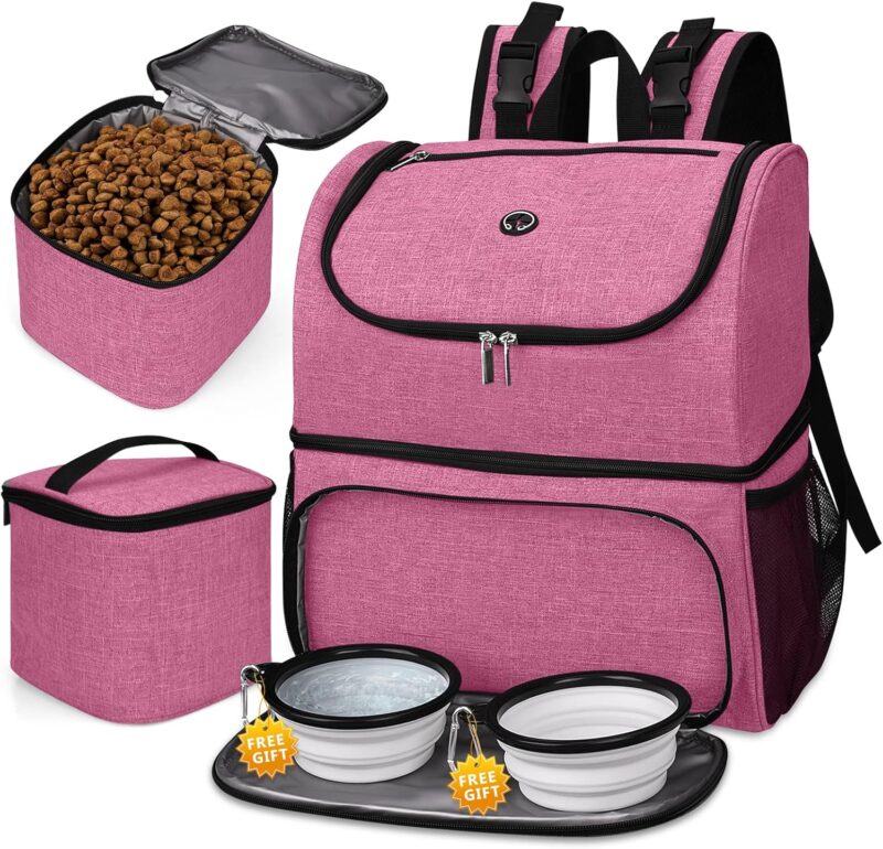 Pet Travel Bag, Double-Layer Pet Supplies Backpack (for All Pet Travel Supplies), Pet Travel Backpack with 2 Silicone Collapsible Bowls and 2 Food Baskets Pink