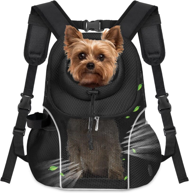 Pet Dog Carrier Backpack Small Dog Front Backpack Ventilated Mesh Dog Travel Back Pack with Safety Belt for Travel Hiking Cycling Outdoor Adventures (Size L: 10-14 lbs, Black)