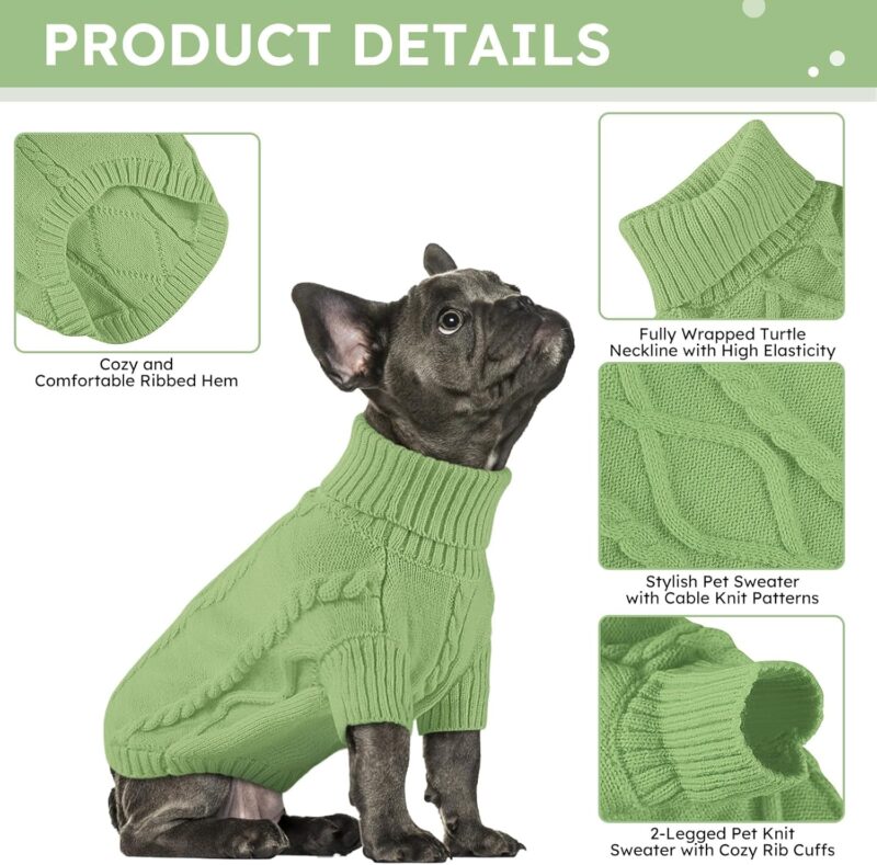 Small Dog Pullover Sweater, Cold Weather Cable Knitwear, Classic Turtleneck Thick Warm Clothes for Chihuahua, Bulldog, Dachshund, Pug, Yorkie (Green, Small) - Image 2
