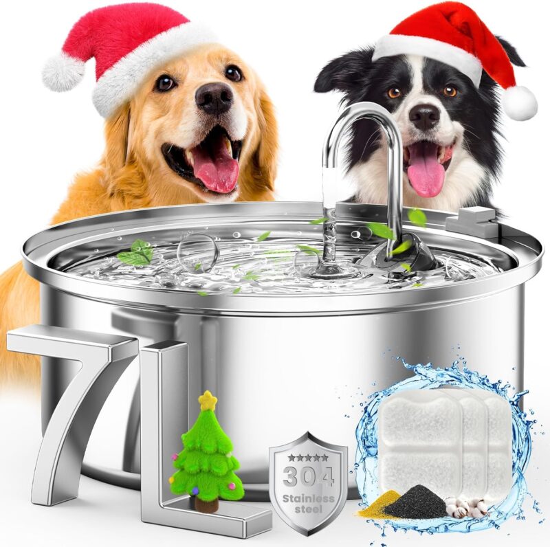Dog Water Fountain for Large Dogs,7L/230oz/1.8G Stainless Steel Dog Fountain Super Quiet with Triple Filtration,Great for Large Dogs Cats and Multi-Pet Home