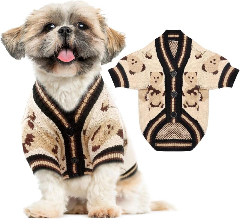 Small Dog Sweaters Cute Bear Dog Cardigans Clothes for Small Medium Dogs Boy Girl Puppy Cat Knitting Cardigan Outfits Dog Winter Coats Warm Pet Dog Clothes Soft Knitwear Apparel (Beige,L)